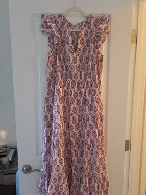 J. Crew Pink and White Floral Midi Dress with Ruffle Sleeves